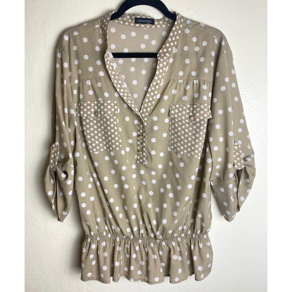 Cuff Sleeve Taupe and White Polka Dot Blouse